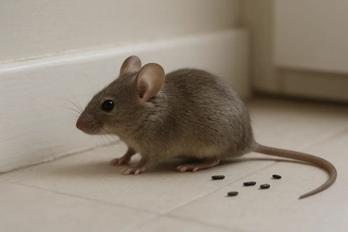 Souris grise vue de profil au sol le long d'une plinthe blanche de cuisine, avec quelques petites crottes noires en grains de riz posées sur le carrelage à côté d'elle.