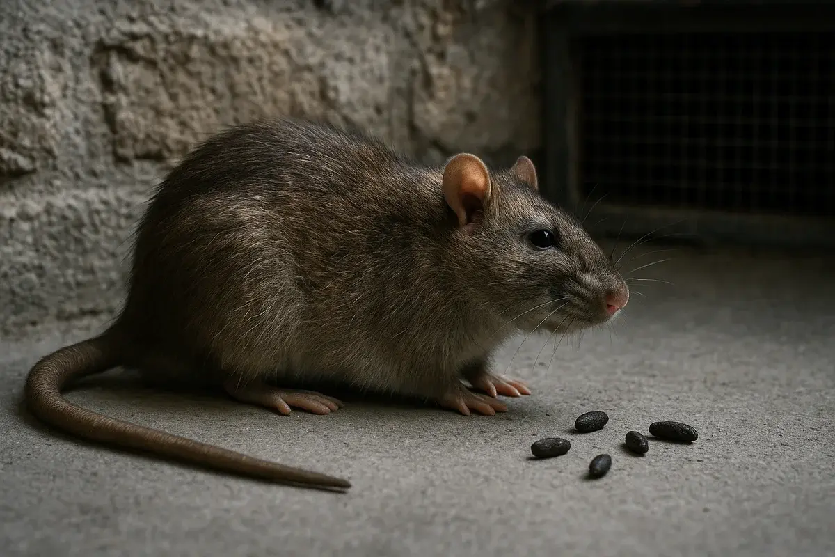 Rat brun vu de profil sur le sol en béton d'une cave, près d'un soupirail, avec quelques crottes allongées en forme de gélule posées à côté de lui.
