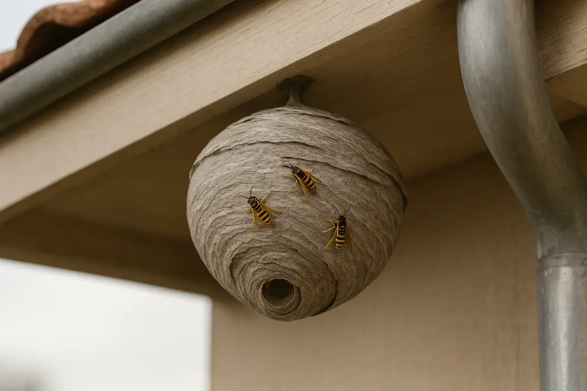 Nid de guêpes en papier gris suspendu sous un avant-toit à côté d'une gouttière, avec quelques guêpes posées sur sa paroi.